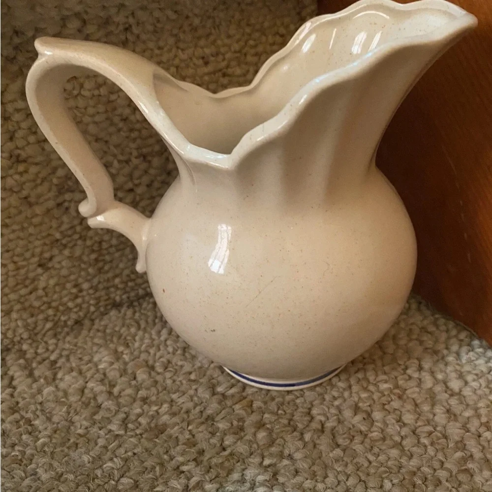 Vintage Enesco Cream Ceramic Pitcher with Blue Floral Design - Picture 5 of 11